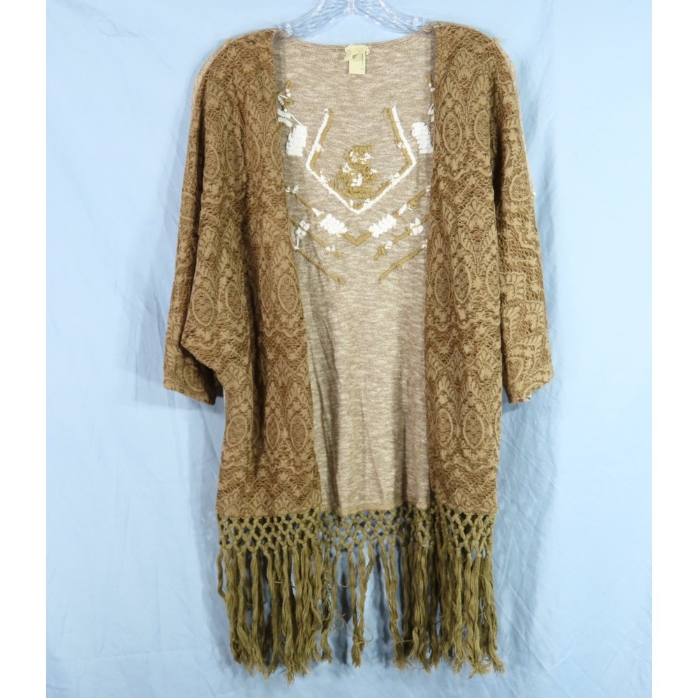 GIMMICKS by BKE Brown Knit Top OPEN KIMONO Fringe Hem EMBROIDERED BACK Crochet L